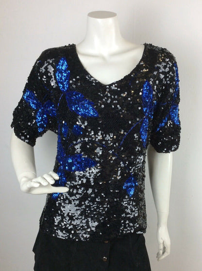 VINTAGE 70’S TOP, BLACK, BLUE SEQUINS, FLOWER PATTERN, PARTY / EVENING, 14 16