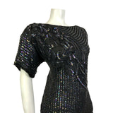 VTG 60s 70s BLACK STRIPED FLORAL SEQUIN BEADED DISCO STUDIO 54 GLAM TOP 18 20