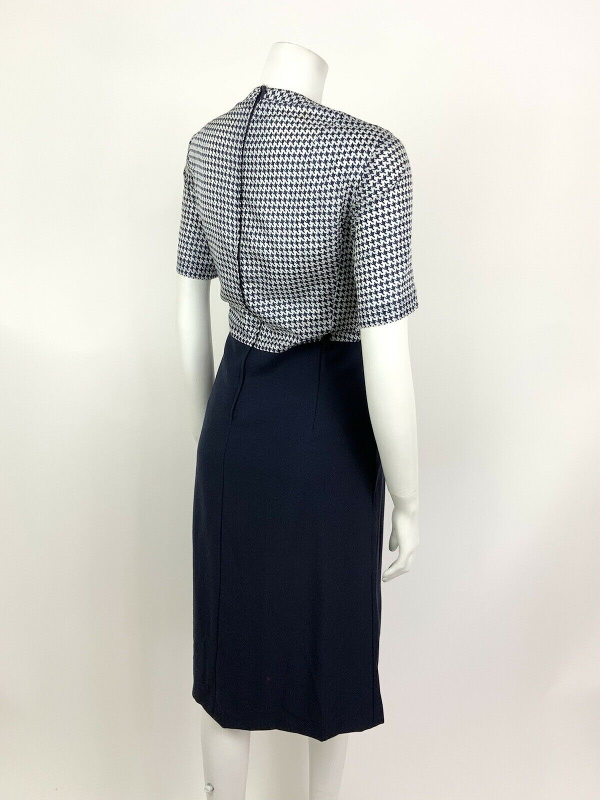 VINTAGE 60s 70s NAVY BLUE WHITE DOGTOOTH HOUNDSTOOTH MIDI DRESS 12 14