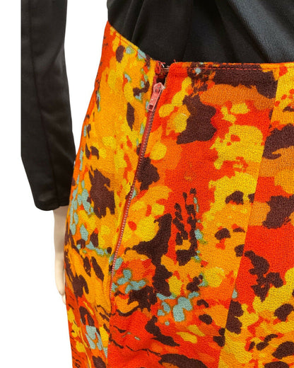 VINTAGE 70s ORANGE YELLOW BROWN PSYCHEDELIC FLORAL FLARED MAXI SKIRT 6