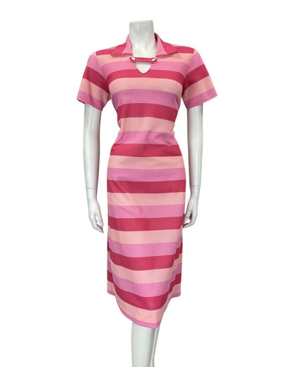 VINTAGE 60s 70s PINK PEACH FUCHSIA STRIPED MOD MIDI SHIRT DRESS 12 14