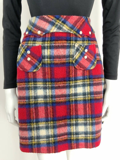 VINTAGE 60s 70s BLUE RED WHITE YELLOW WOOL TARTAN A-LINE MOD SHORT SKIRT 10