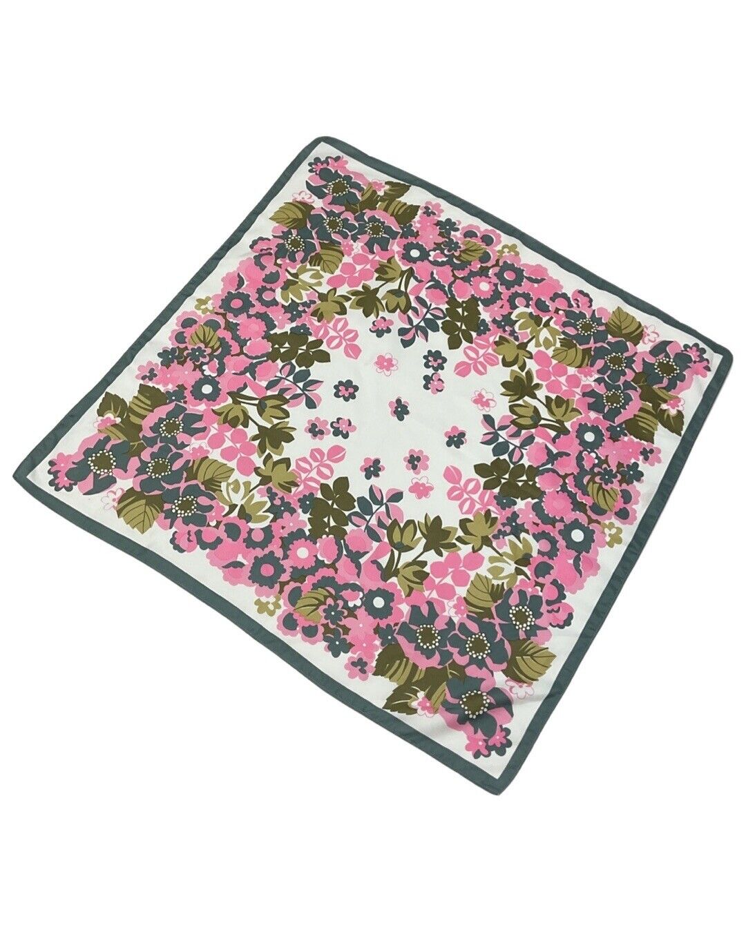 VINTAGE 60s 70s GREY PINK WHITE PSYCHEDELIC GARDEN FLORAL SQUARE SCARF