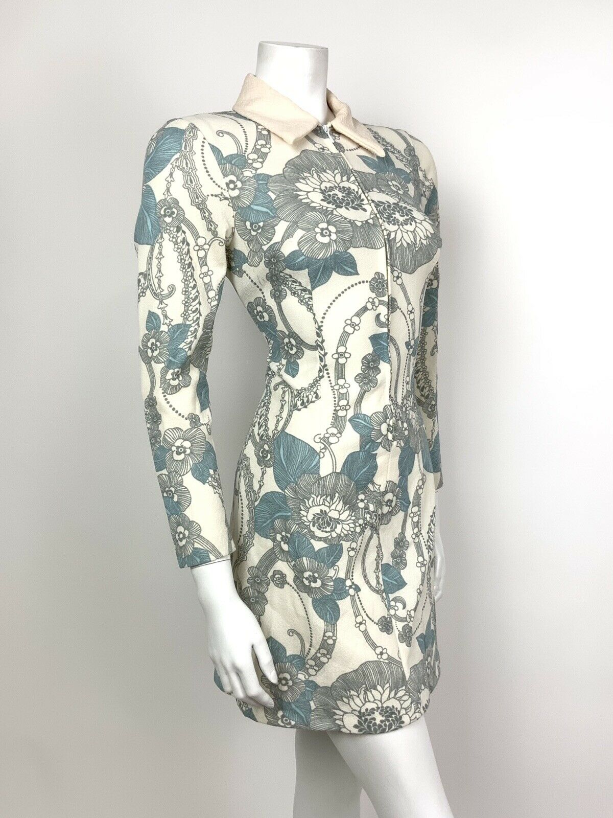 VTG MOD 60s 70s WHITE BLUE GREY FLORAL PSYCH ZIP-UP DAGGER DRESS 8 10