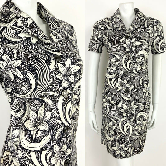 VINTAGE 60s 70s BLACK WHITE FLORAL HAWAIIAN SWIRL HIBISCUS SHIRT DRESS 10 12