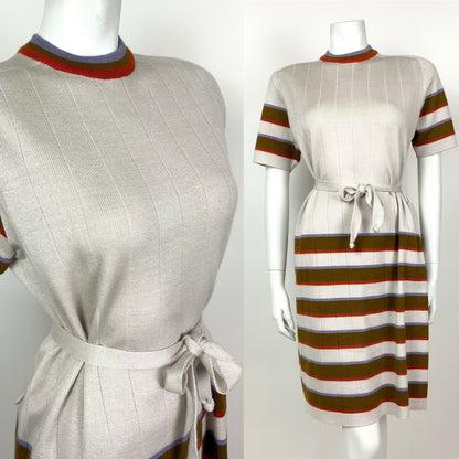 VINTAGE 60s 70s MOD SILVER BROWN PURPLE RED STRIPED BELTED DRESS 14 16