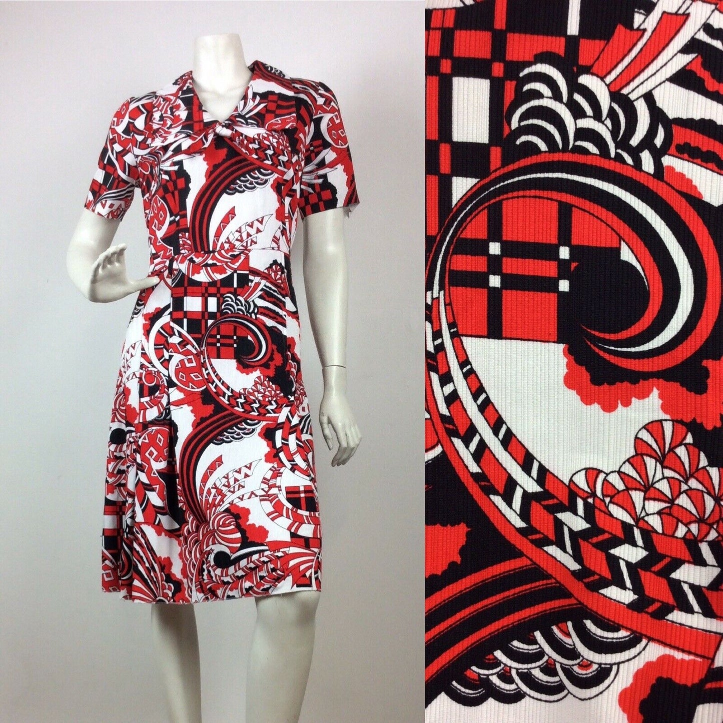 Vintage 60’s summer dress red black white psychedelic print bow 10 12