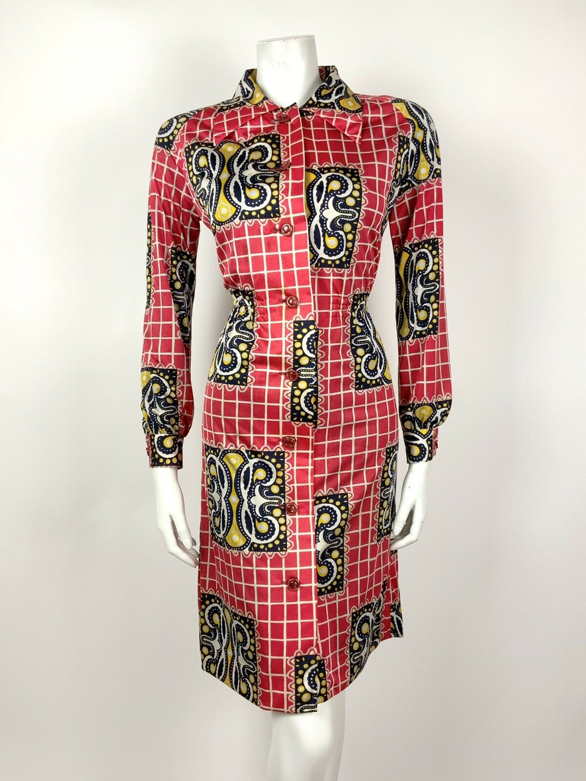 VINTAGE 60s 70s RED WHITE BLUE GRID CHECKED PAISLEY DOTTY SHIRT DRESS 10 12