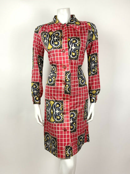 VINTAGE 60s 70s RED WHITE BLUE GRID CHECKED PAISLEY DOTTY SHIRT DRESS 10 12