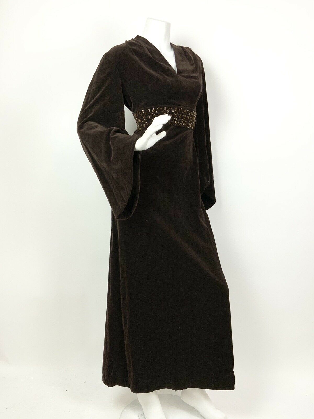 VTG 60s 70s BROWN BRONZE STAR BEADED BELL SLEEVE FOLK BOHO VELVET MAXI DRESS 12