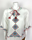 VTG 70s WHITE RED BLUE GREEN AZTEC GEOMETRIC EMBROIDERED BOHO ETHNIC TOP 10 12