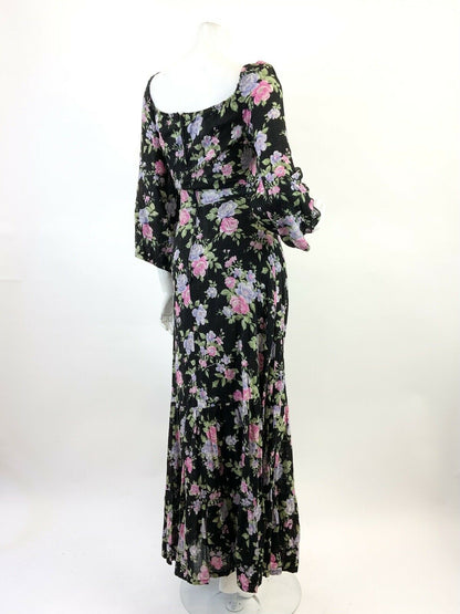 VINTAGE 60s 70s BLACK PINK PURPLE GREEN FLORAL ROSE RUFFLE MAXI DRESS 12