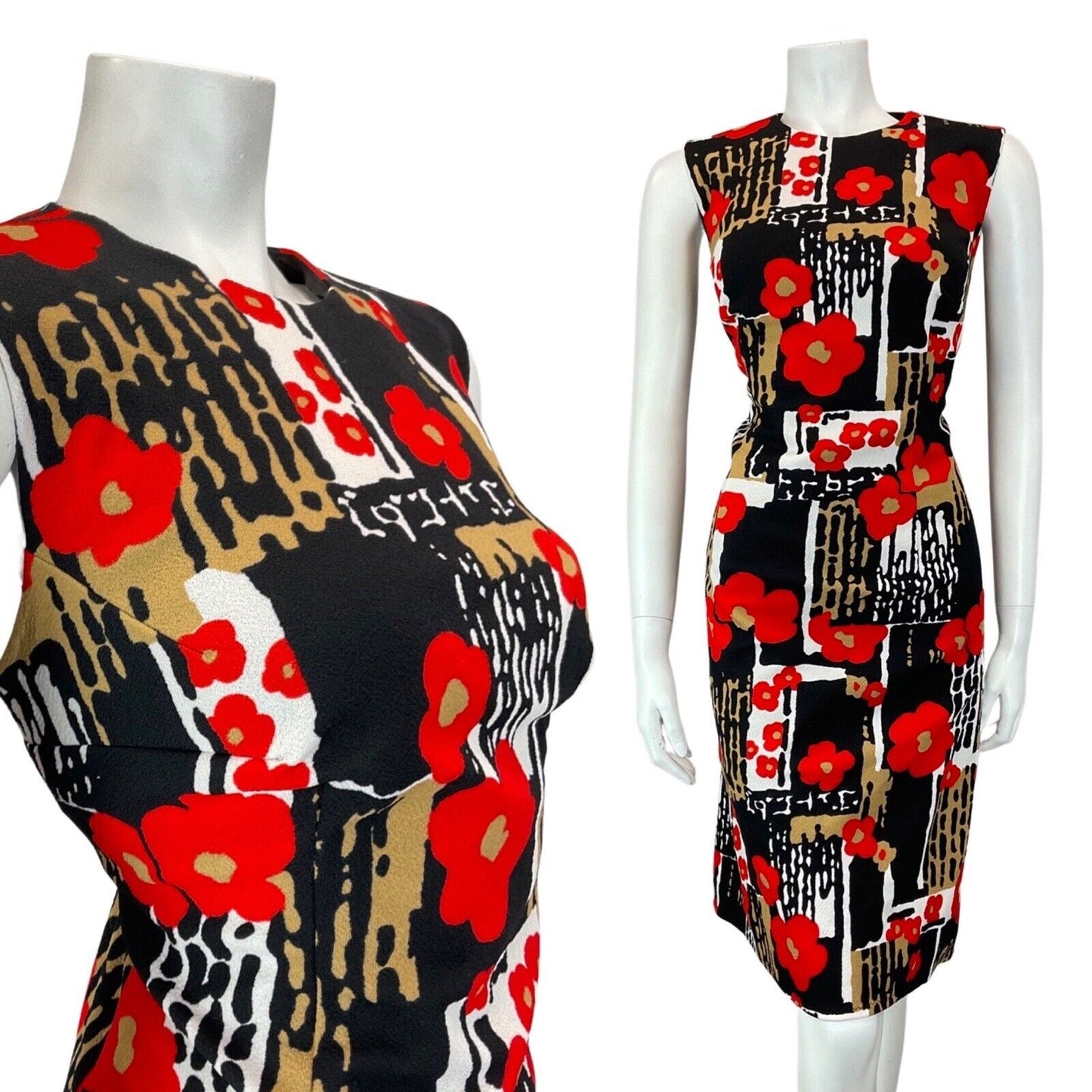 VTG 60s 70s BLACK WHITE RED PSYCHEDELIC FLORAL POPPY MOD SLEEVELESS DRESS 14 16