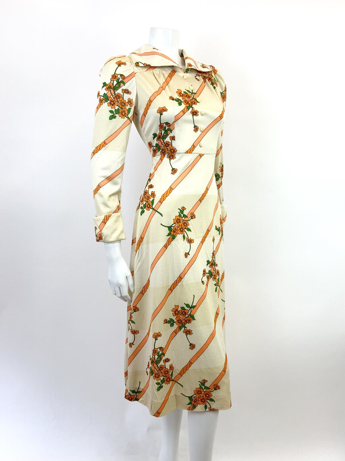 VINTAGE 60s 70s CREAM GOLD ORANGE STRIPED FLORAL ELEGANT WING COLLAR DRESS 8