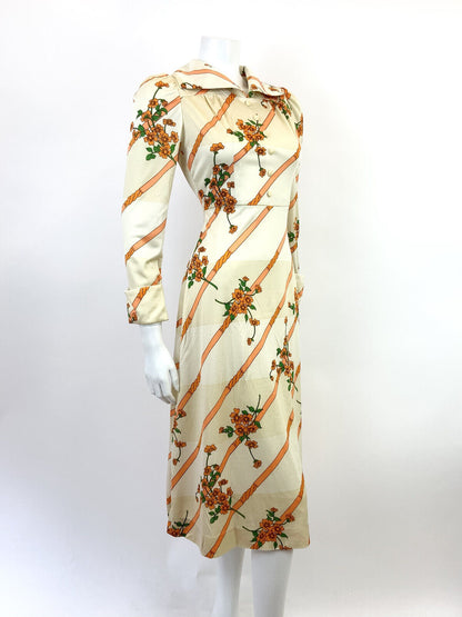 VINTAGE 60s 70s CREAM GOLD ORANGE STRIPED FLORAL ELEGANT WING COLLAR DRESS 8