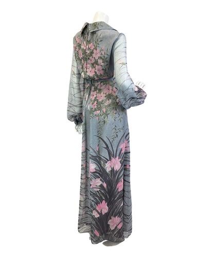 VINTAGE 60s 70s GREY PINK WHITE FLORAL BLOSSOM SHEER SHIRT COLLAR MAXI DRESS 14