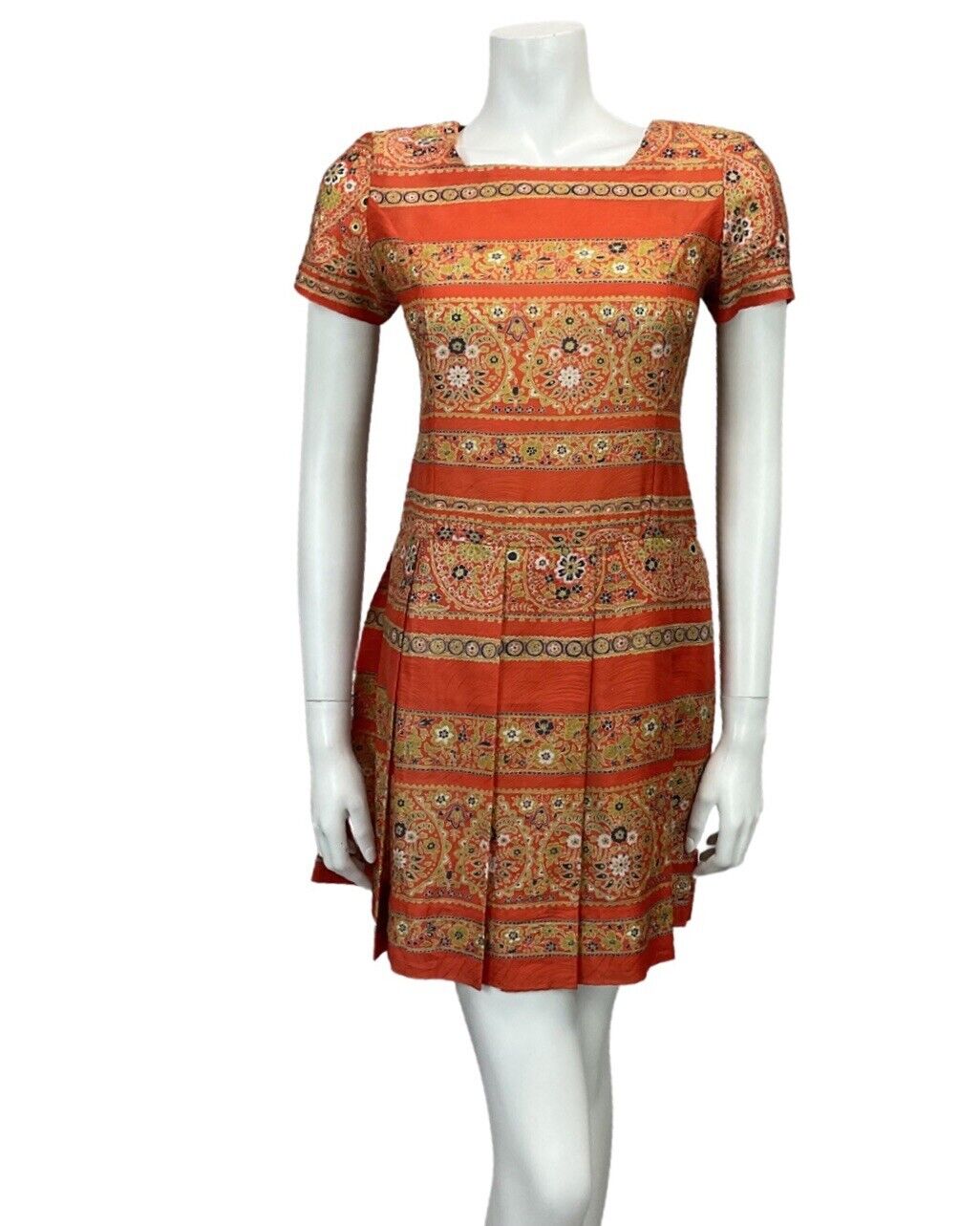 VINTAGE 60s 70s ORANGE GOLD PATTERNED PLEATED MINI DRESS 6 8