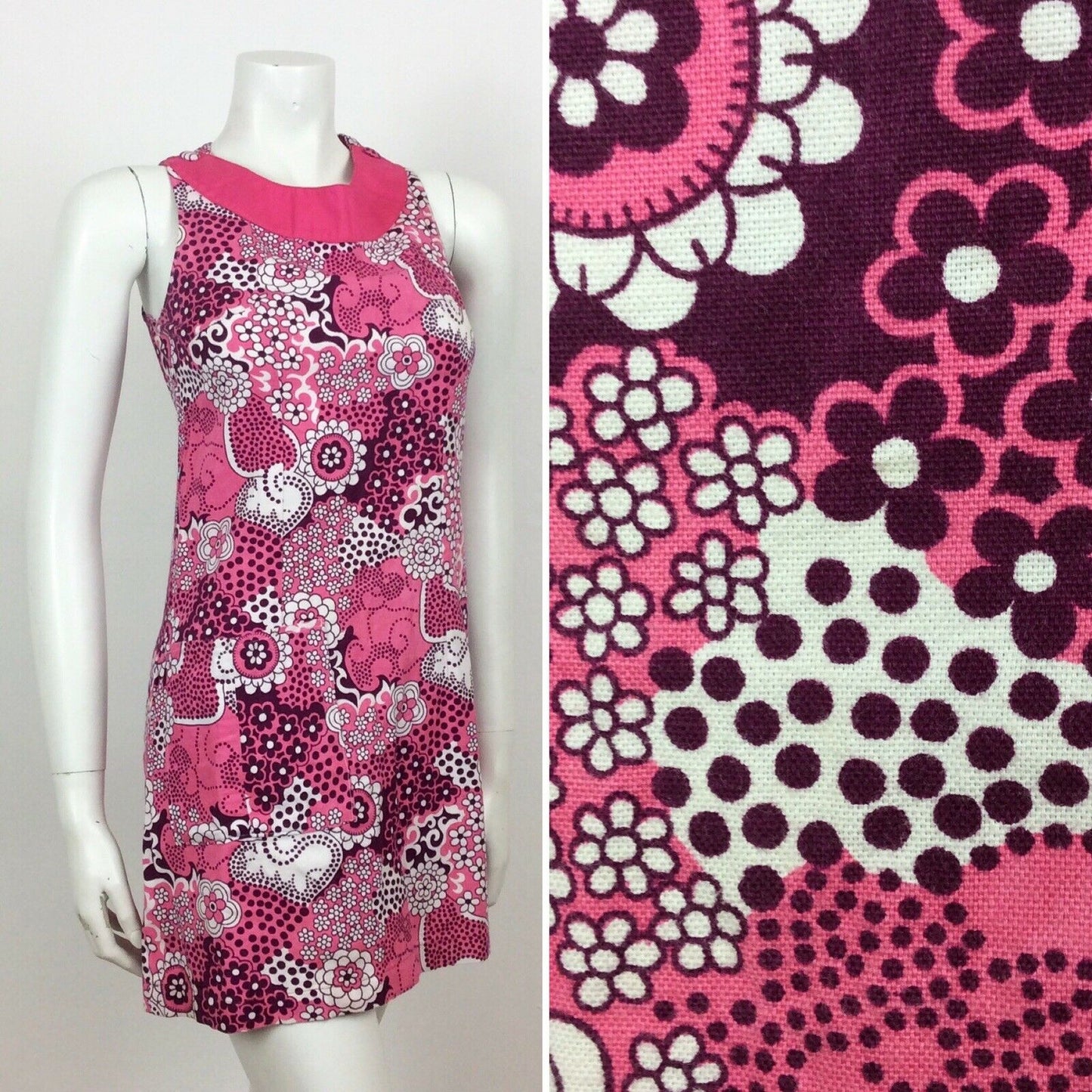 VINTAGE 60S COTTON PINK PURPLE PSYCHEDELIC FLORAL MINI DRESS  8 10