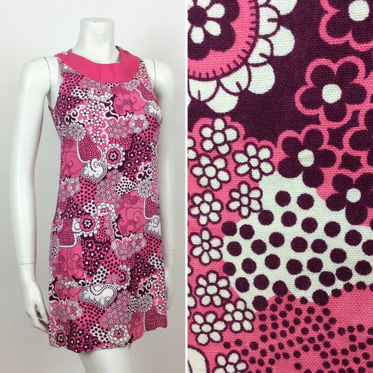 VINTAGE 60S COTTON PINK PURPLE PSYCHEDELIC FLORAL MINI DRESS  8 10