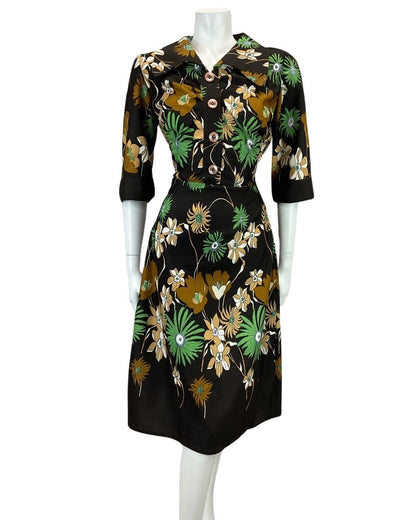 VINTAGE 60s 70s DARK BROWN GREEN FLORAL PRINT MIDI BOHO FOLK DRESS 10 12