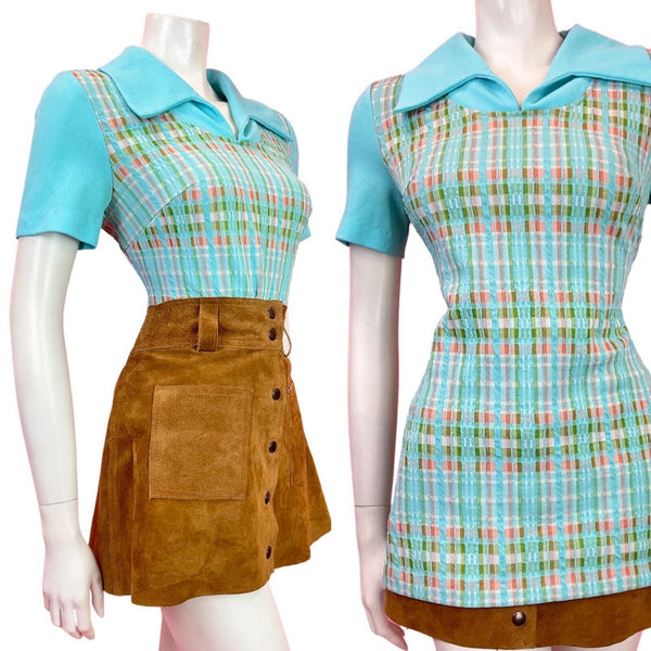 VINTAGE 60s 70s LIGHT BLUE GREEN ORANGE CHECKED MOD WING COLLAR SHIRT TOP 12 14