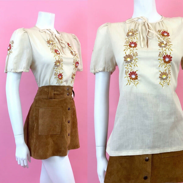 VTG 60s 70s CREAM YELLOW ORANGE FLORAL VINE HEART EMBROIDERED BOHO BLOUSE 10 12