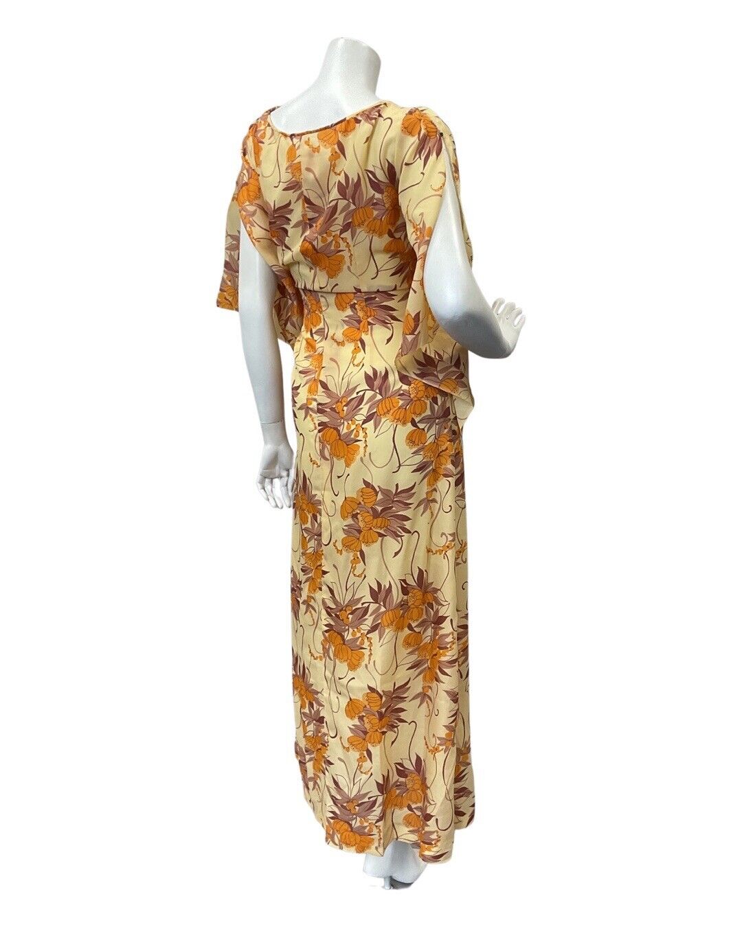 VTG 70s YELLOW ORANGE BROWN FLORAL ANGEL SLEEVE BOHO PRAIRIE MAXI DRESS 10 12