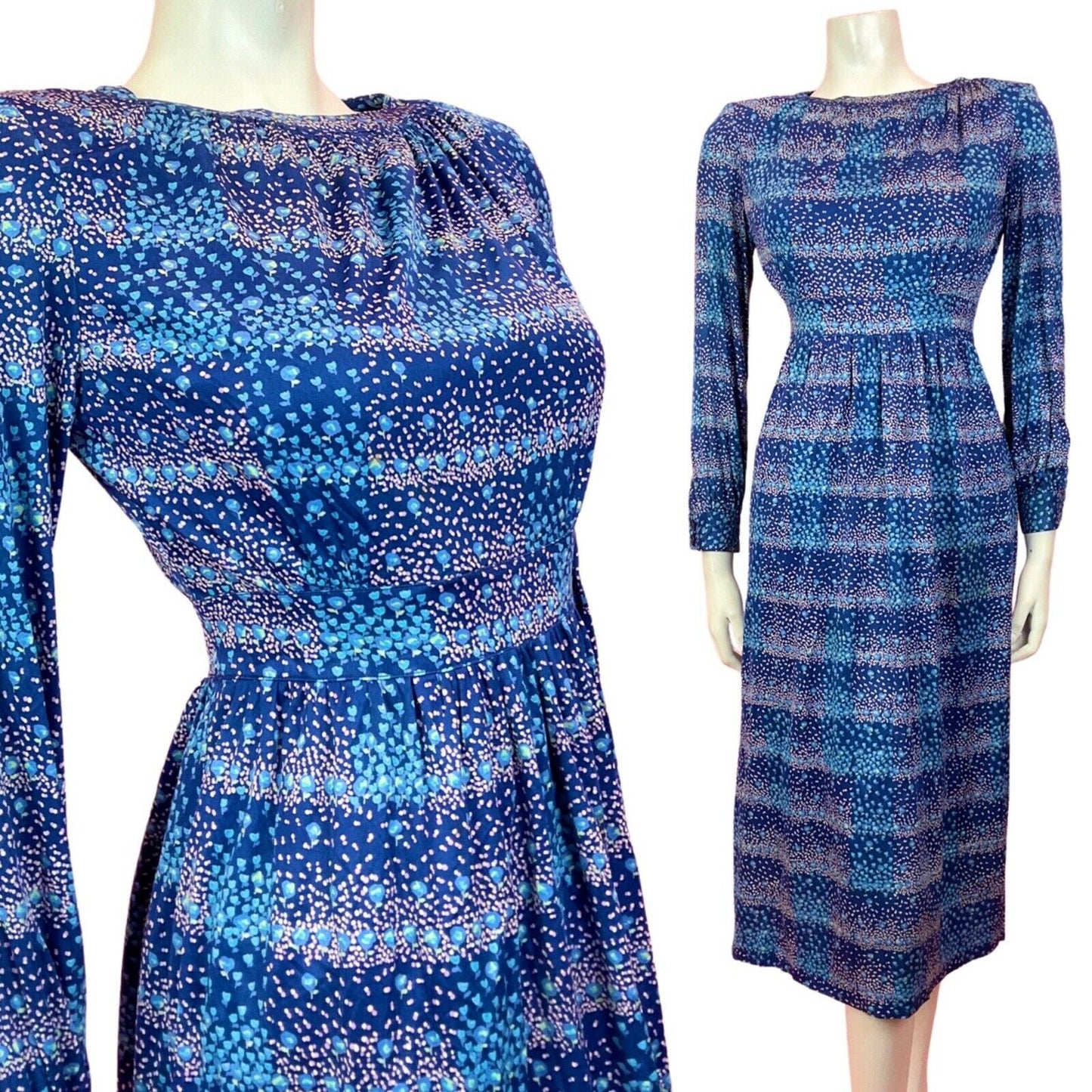 VINTAGE 60s 70s BLUE PINK GREEN DOTTY DITSY STRIPED MIDI DRESS 8