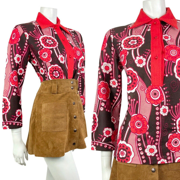 VINTAGE 60s 70s PINK RED BROWN FLORAL PSYCHEDELIC MOD DAGGER COLLAR BLOUSE 12 14