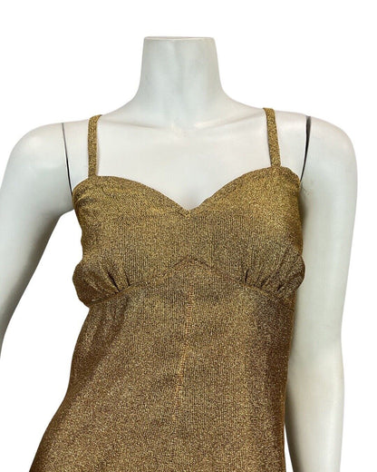 VINTAGE 60s 70s BRASSY GOLD GLITTER LUREX PARTY DISCO STRAPPY MAXI DRESS 12