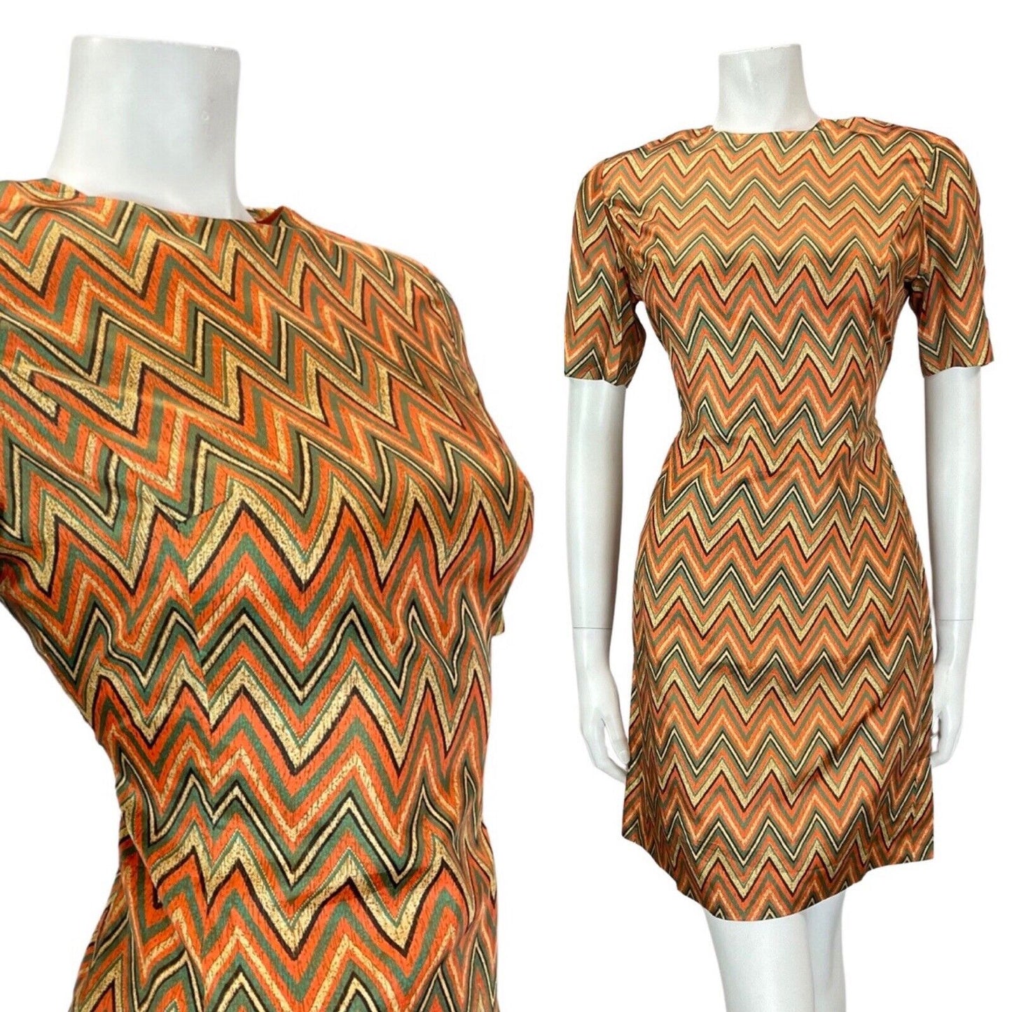 VINTAGE 60s 70s GREEN ORANGE CREAM ZIG-ZAG CHEVRON MOD SHORT FITTED DRESS 10 12