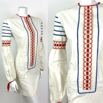 VTG 60s 70s CREAM RED BLUE RIC RAC CROCHET FOLK COTTON MINI SHIFT DRESS 12 14