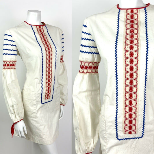 VTG 60s 70s CREAM RED BLUE RIC RAC CROCHET FOLK COTTON MINI SHIFT DRESS 12 14