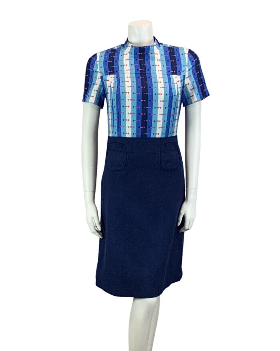 VINTAGE 60s 70s NAVY BLUE HIGH NECK LIGHT BLUE WHITE PATTERNED PINK MIDI DRESS 6