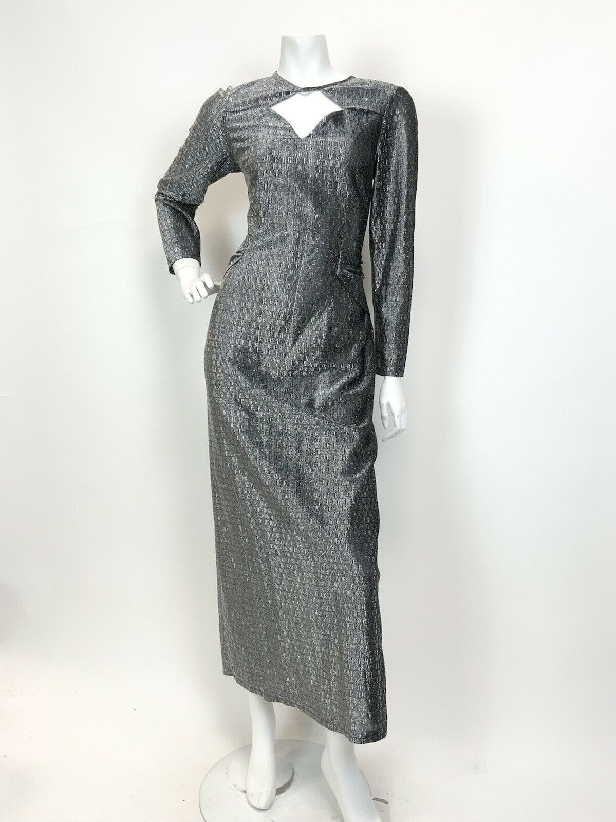 VINTAGE 60s 70s SILVER LUREX CUT-OUT DISCO STUDIO 54 GLAM PARTY MAXI DRESS 10 12