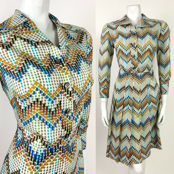 VTG 60s 70s WHITE BROWN BLUE YELLOW CHEVRON GEOMETRIC PLEATED SHIRT DRESS 12 14