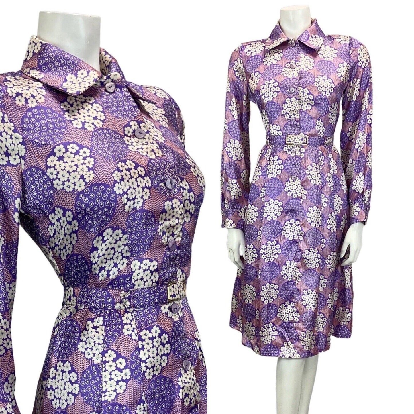 VINTAGE 60S 70S PURPLE LILAC FLORAL PRINT BOHO PSYCHEDELIC MIDI DRESS 12