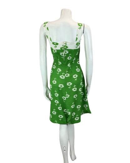 VINTAGE 60s 70s WHITE GREEN FLORAL PRINT MINI WITH CUT OUT DETAIL DRESS 12