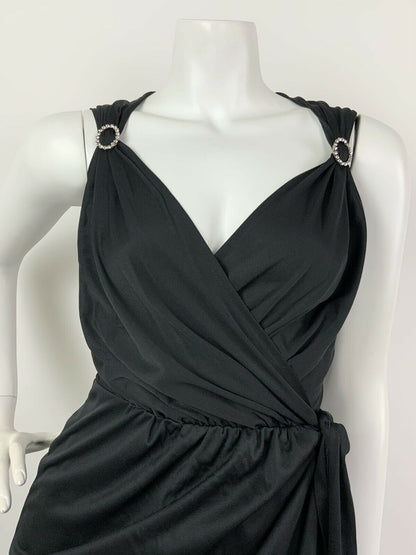 VINTAGE 60s 70s BLACK DIAMANTE PLUNGE NECK STUDIO 54 WRAP MAXI DRESS GOWN 6 8 10