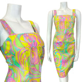 VTG 60s STYLE 90s GREEN YELLOW PINK PSYCHEDELIC SWIRL MOD EMPIRE SUN DRESS 6