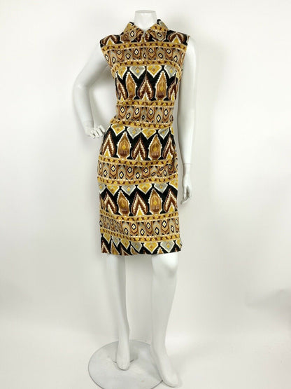 VINTAGE 60s 70s BROWN BRONZE GOLD BLACK WHITE AZTEC GEOMETRIC DRESS 12 14 16