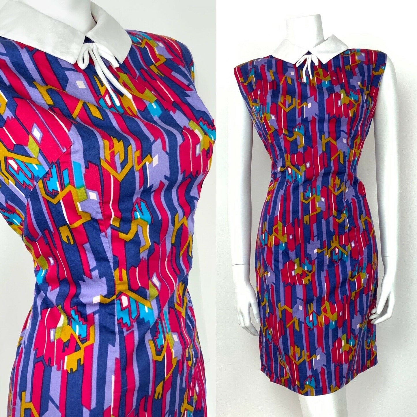 VINTAGE 60s 70s ABSTRACT SHIFT DRESS RED PURPLE BLUE GOLD WHITE COLLAR 14