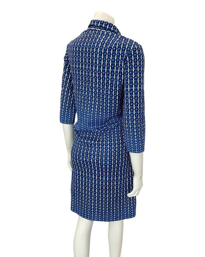 VINTAGE 60s 70s NAVY BLUE WHITE BLACK GRID CHECKED MOD SHIRT DRESS 16