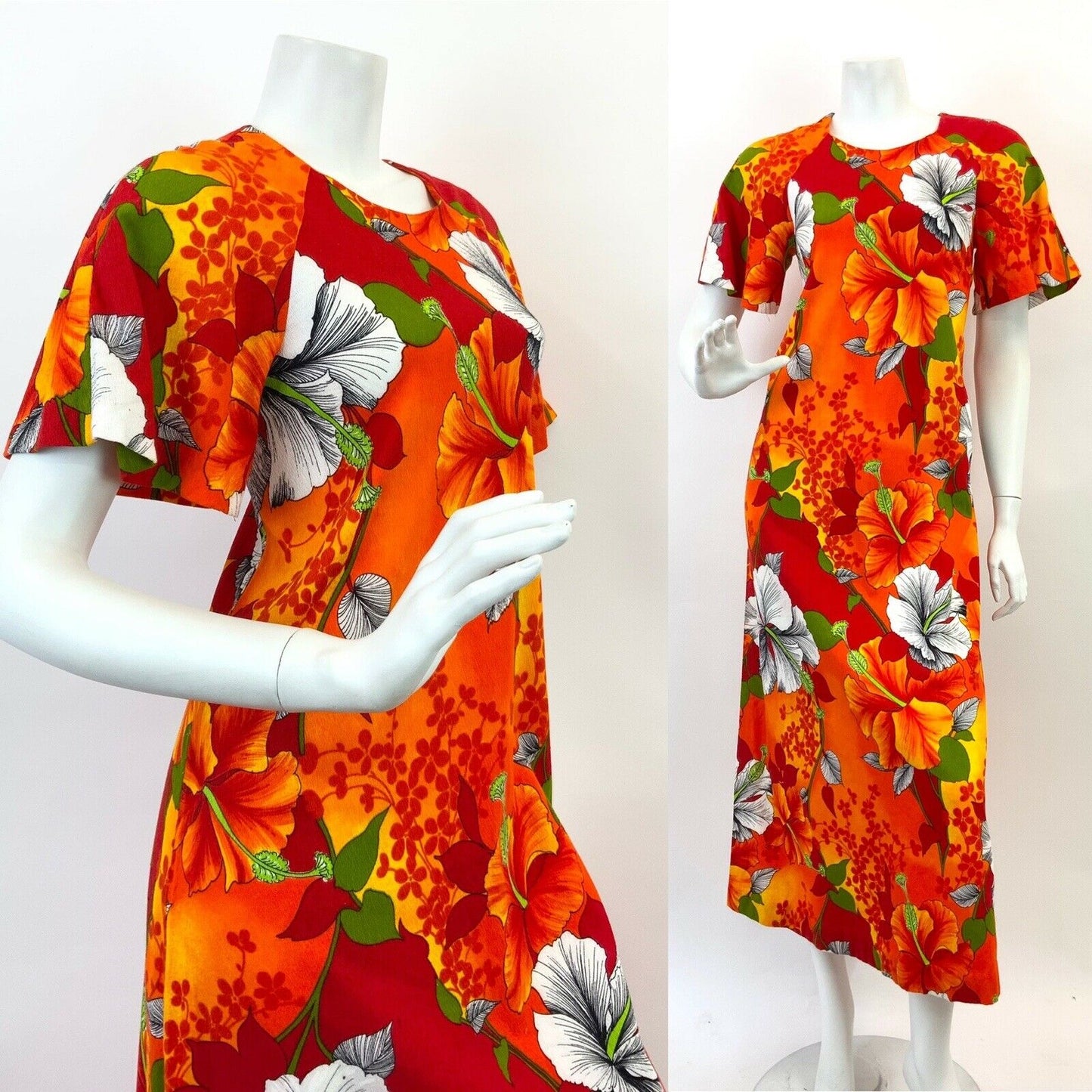 VTG 60s 70s ORANGE RED YELLOW HAWAIIAN FLORAL HIBISCUS SHIFT MAXI DRESS 10 12