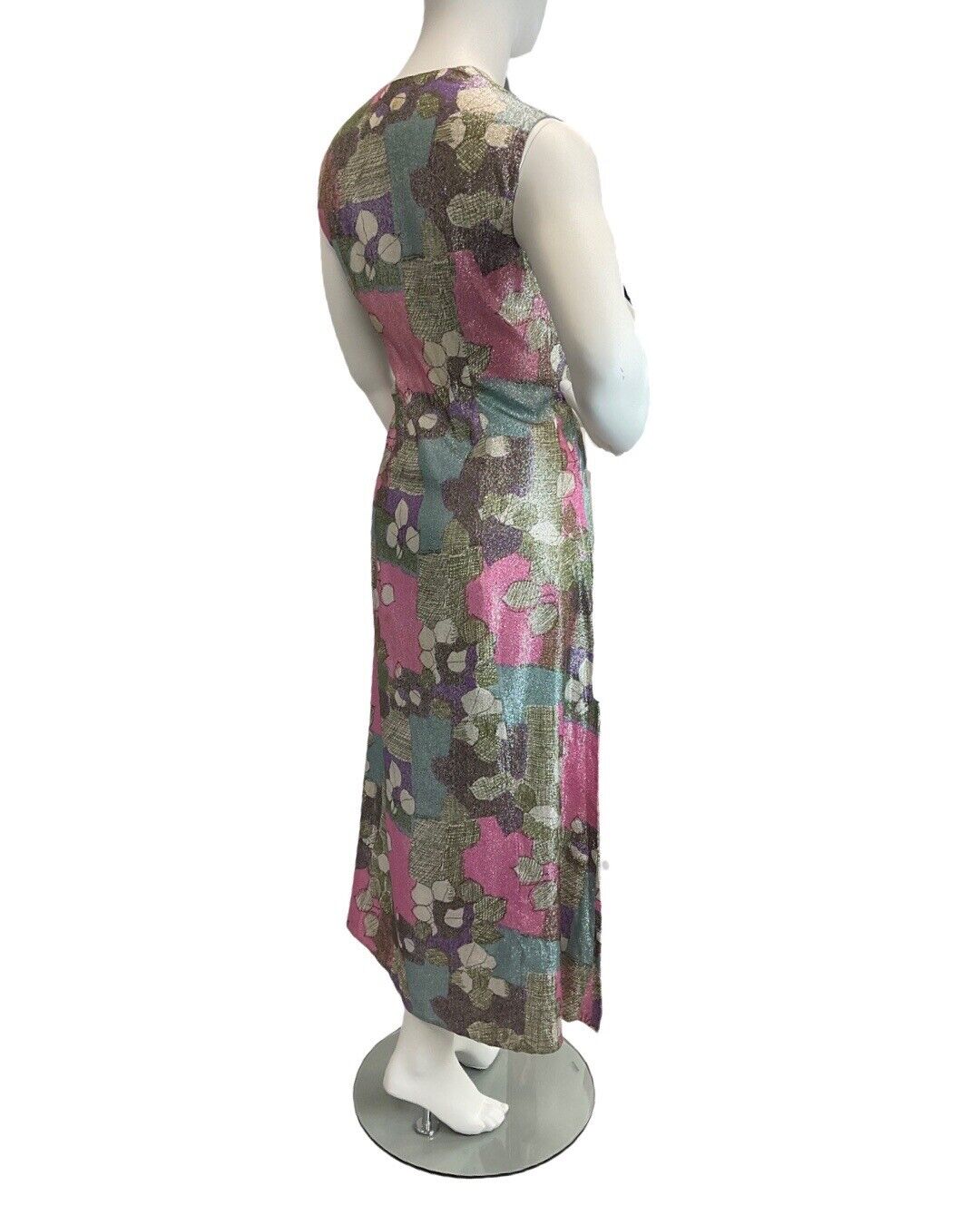 VINTAGE 60s 70s SILVER PINK BLUE LUREX PATCHWORK LEAFY DISCO PARTY MAXI DRESS 16