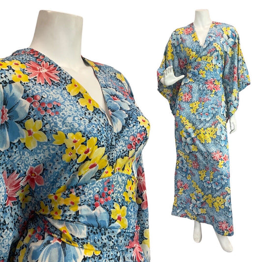 VINTAGE 60s 70s BLUE WHITE RED FLORAL SUMMER BOHO ANGEL SLEEVE MAXI DRESS 12 14