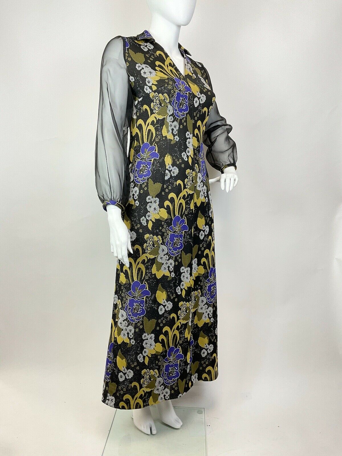 VTG 60s 70s BLACK PURPLE YELLOW LUREX PSYCHEDELIC FLORAL SHEER MAXI DRESS 16 18