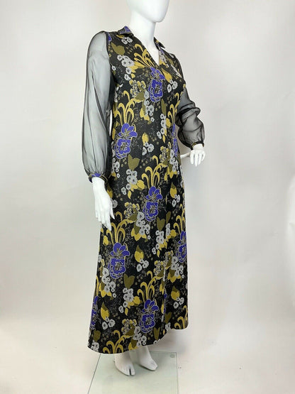 VTG 60s 70s BLACK PURPLE YELLOW LUREX PSYCHEDELIC FLORAL SHEER MAXI DRESS 16 18