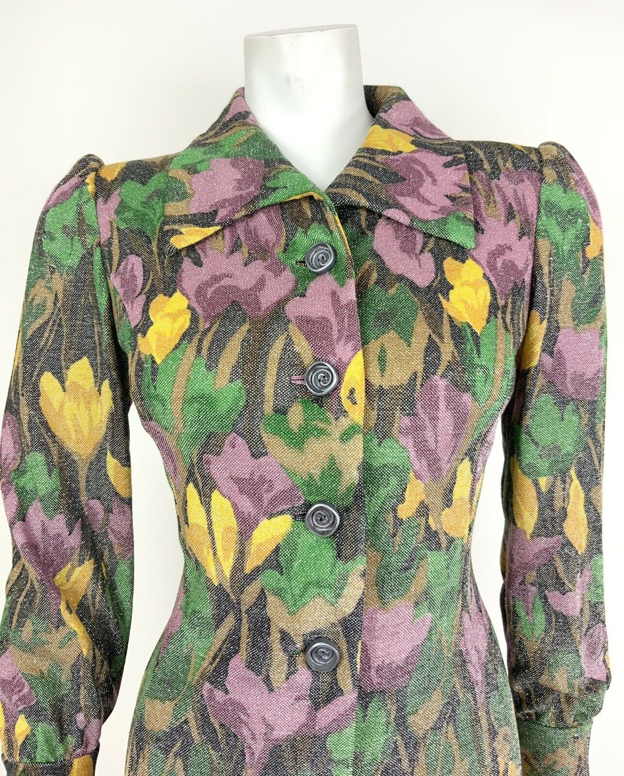 VINTAGE 60s 70s BLACK GREEN YELLOW PURPLE FLORAL SILVER GLITTER SHIRT DRESS 8 10