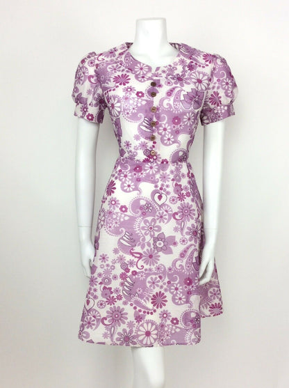 VINTAGE 60s 70s FLORAL PAISLEY PURPLE WHITE LILAC SHEER SUMMER DRESS 12 14